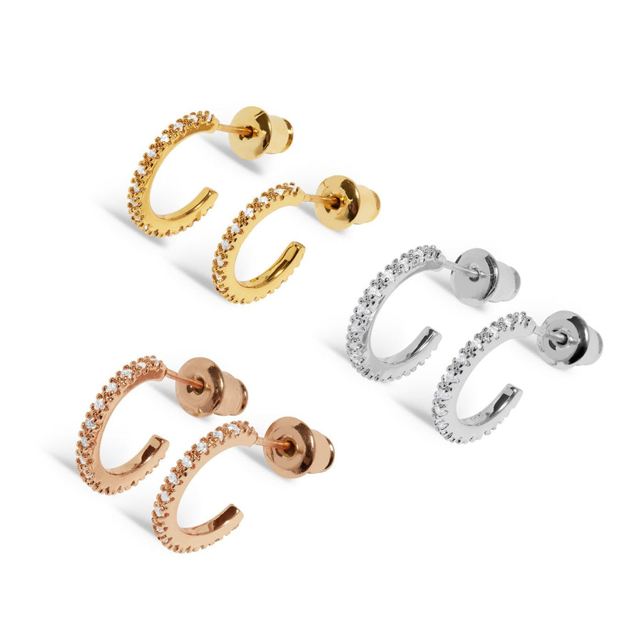 Mini Charms Three Tone Pave Hoop Silver Gold Rose Gold Plated Earrings 7649Joma Jewellery7649