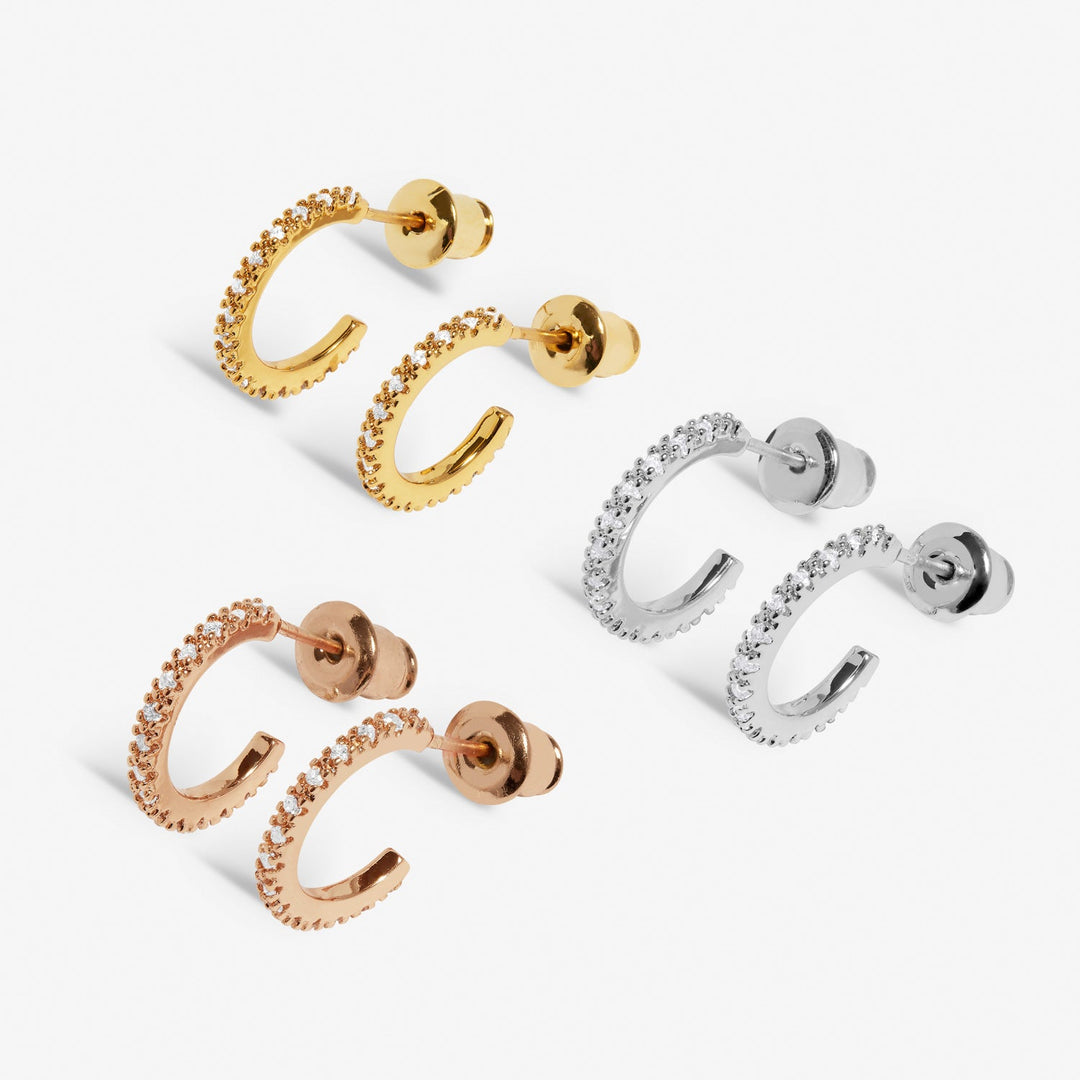 Mini Charms Three Tone Pave Hoop Silver Gold Rose Gold Plated Earrings 7649Joma Jewellery7649