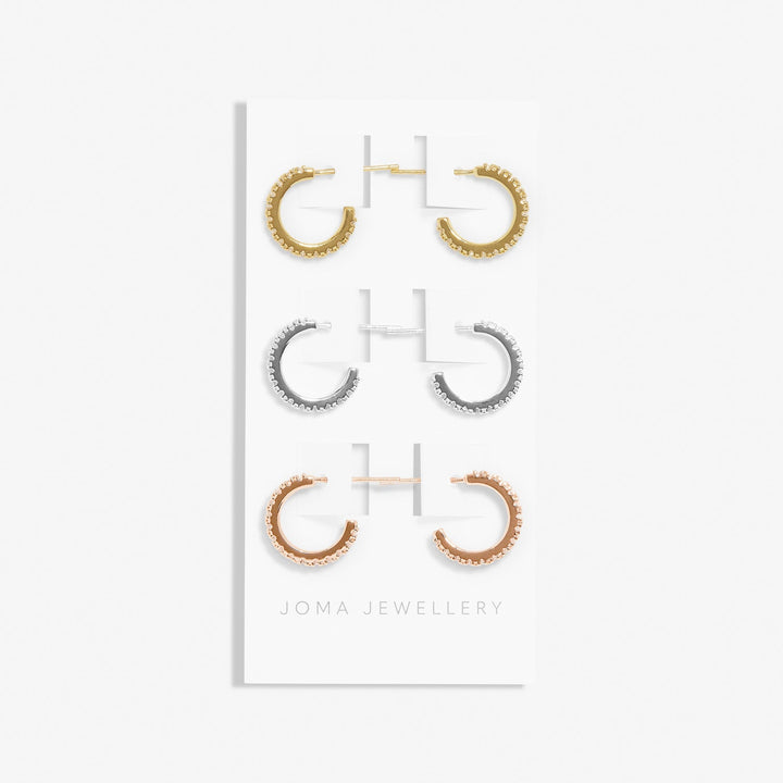 Mini Charms Three Tone Pave Hoop Silver Gold Rose Gold Plated Earrings 7649Joma Jewellery7649