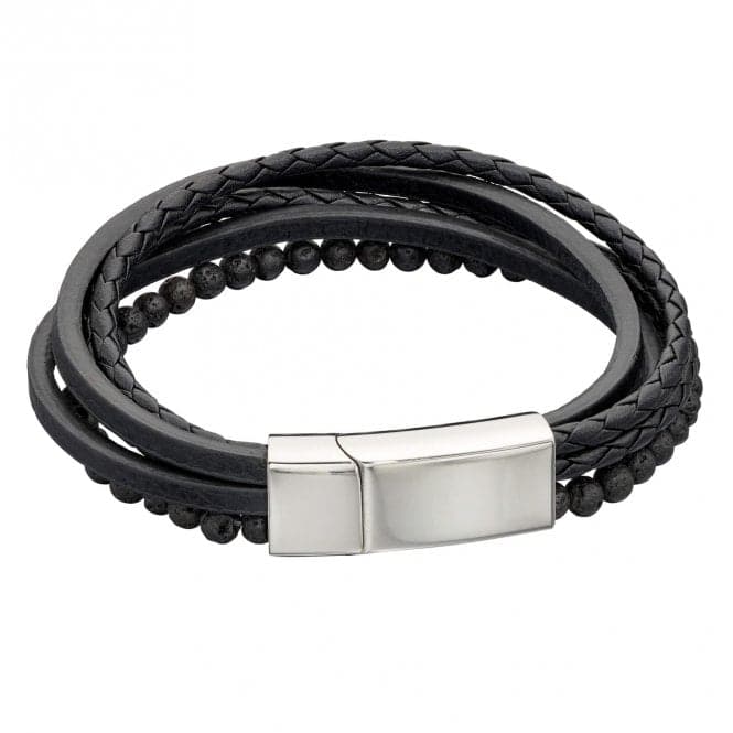 Multi Row Black Leather Lava Beads Bracelet B5405BFred BennettB5405B