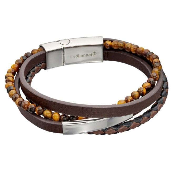 Multi Row Brown Leather ID Bar Tigers Eye Bracelet B5404YFred BennettB5404Y