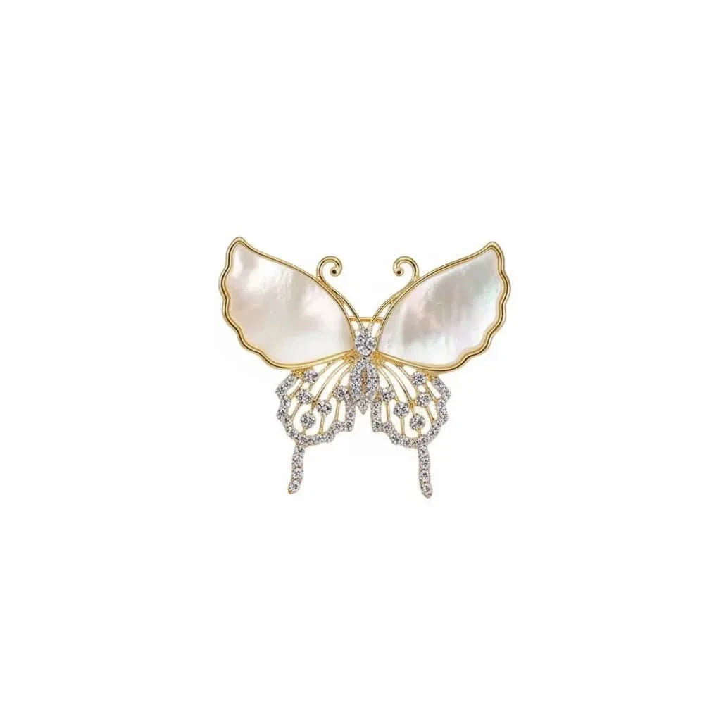 Natural Shell Diamond Butterfly Brooch