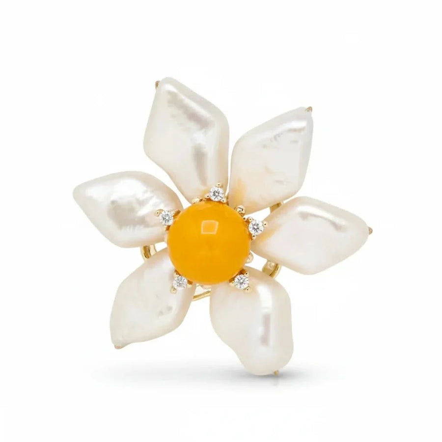Baroque Pearl Flower Brooch with Yellow Stone