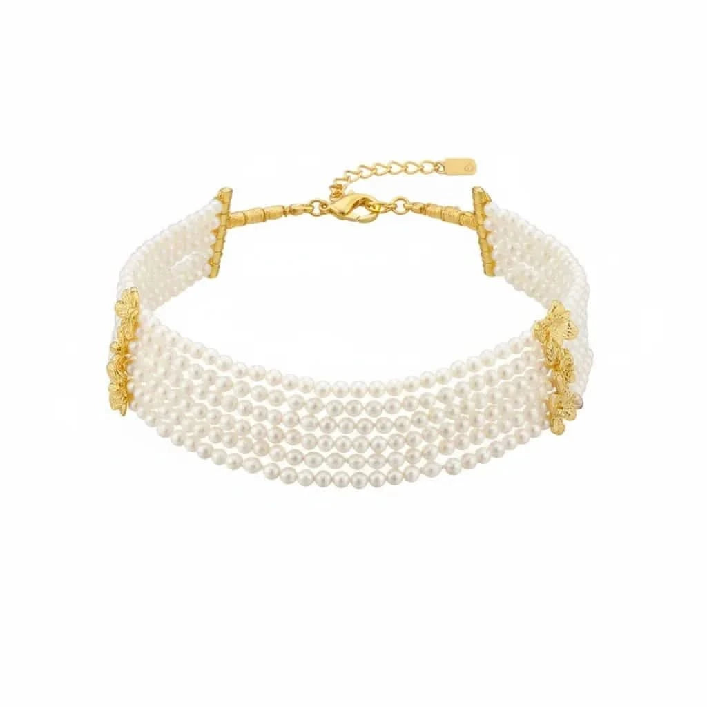Beaded Multi-Strand Shell Pearl Choker Necklace
