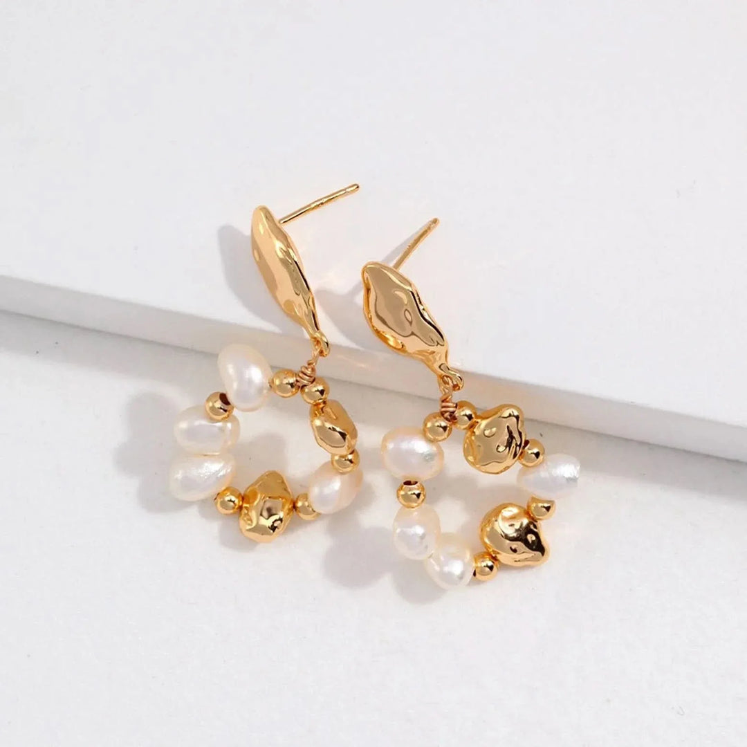 Gold Natural Pearl Loop Earrings