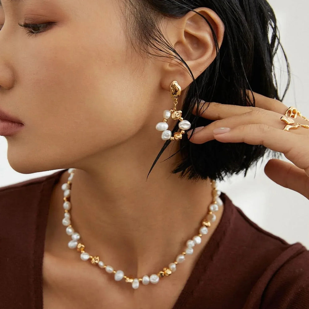 Gold Natural Pearl Loop Earrings