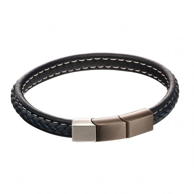 Plait Detail Navy Leather Mixed Brushed Finish Bracelet B5402Fred BennettB5402