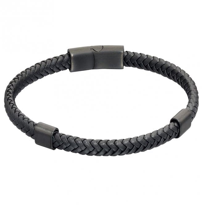 Plaited Black Leather Black IP Bracelet B5415Fred BennettB5415