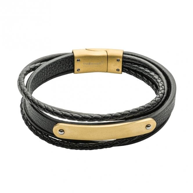 Reborn Black Leather Gold Plated ID 22cm Bracelet B5437Fred BennettB5437