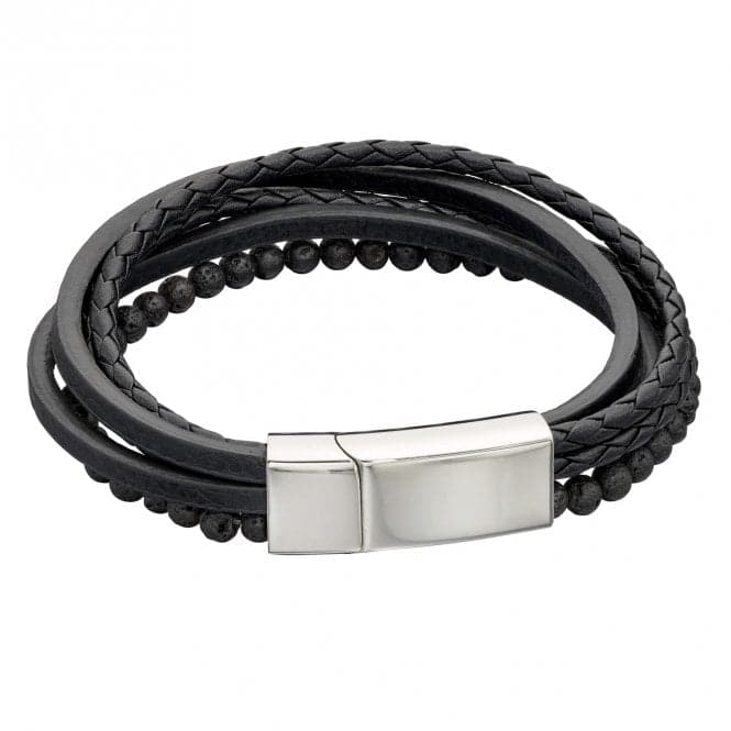 Reborn Lava Bead Recycled Black Leather Bracelet B5318Fred BennettB5318