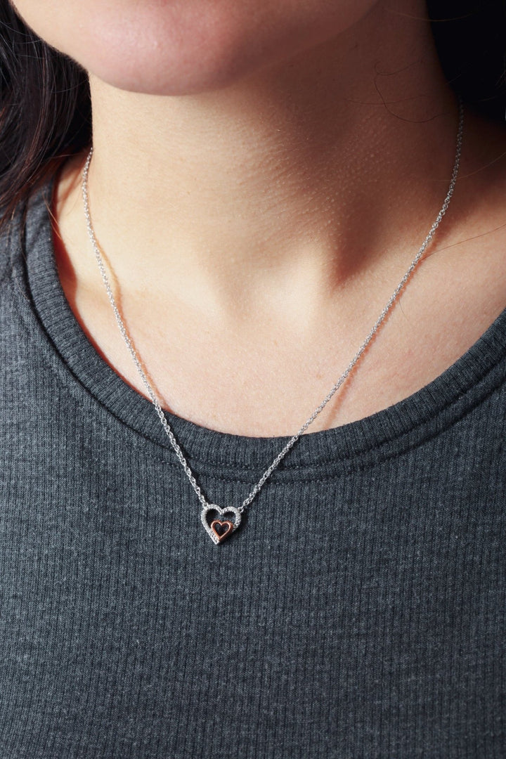 Rose Gold Plate and Sterling Silver Diamond Double Heart Pendant NecklaceThe Fine CollectiveBA0072437