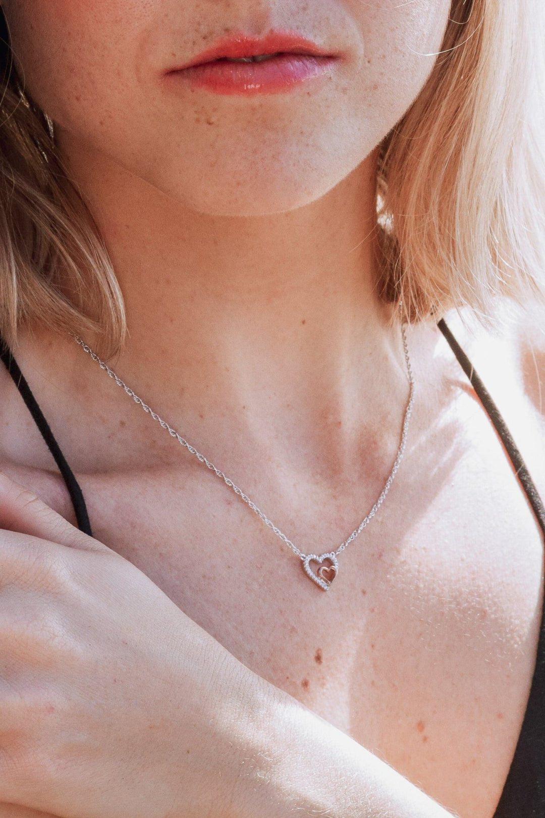 Rose Gold Plate and Sterling Silver Diamond Double Heart Pendant NecklaceThe Fine CollectiveBA0072437