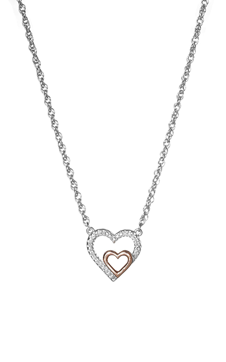 Rose Gold Plate and Sterling Silver Diamond Double Heart Pendant NecklaceThe Fine CollectiveBA0072437