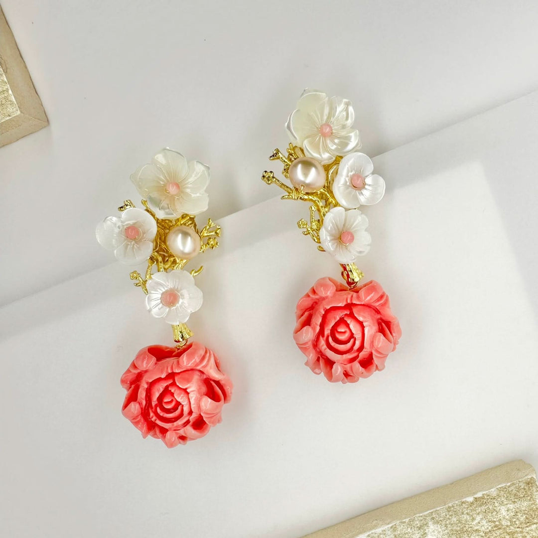 Gold Vermeil Pink Rose Shell Stud Earrings