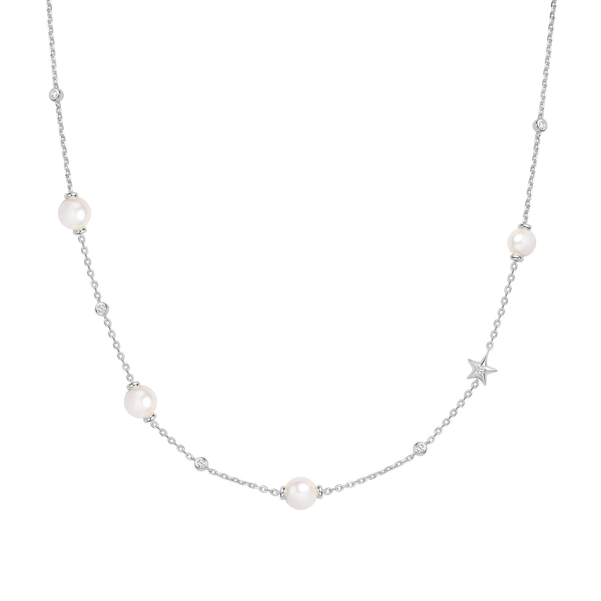 Silver Pearl and Star Station Necklace N065 - 09HAnia HaieN065 - 09H