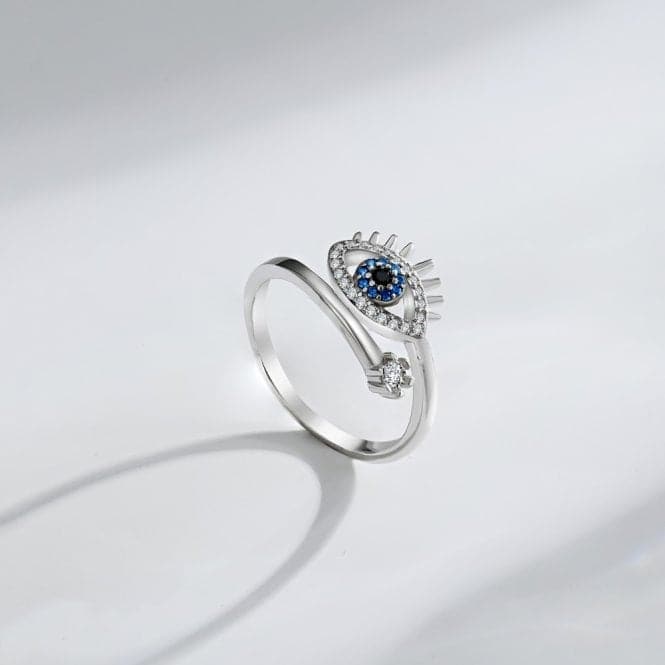 Silver Rhodium Plated Sparkling Zirconia Adjustable Blue Evil Eye Ring ERLR013Ellie Rose LondonERLR013