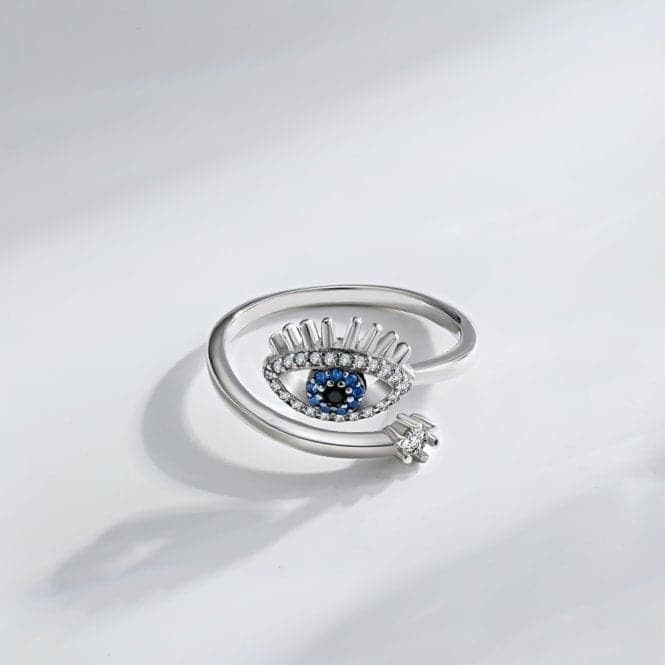 Silver Rhodium Plated Sparkling Zirconia Adjustable Blue Evil Eye Ring ERLR013Ellie Rose LondonERLR013