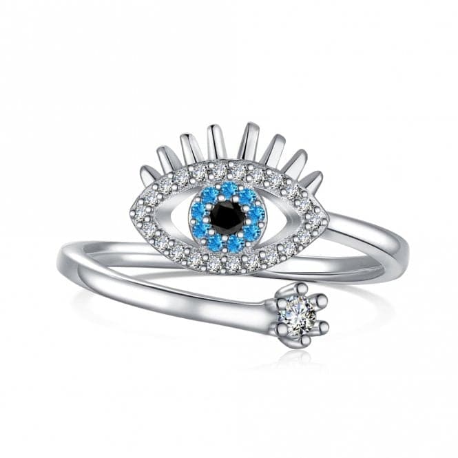 Silver Rhodium Plated Sparkling Zirconia Adjustable Blue Evil Eye Ring ERLR013Ellie Rose LondonERLR013