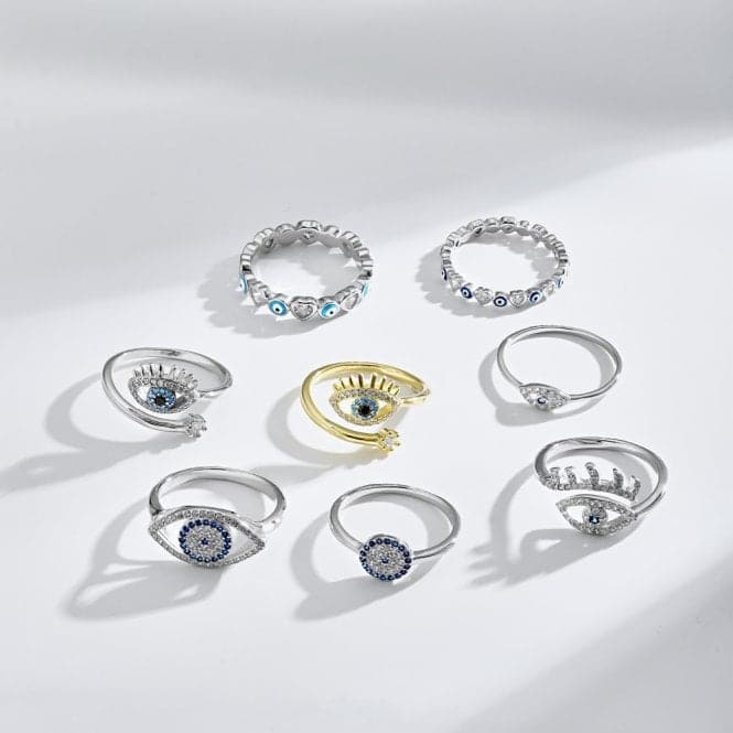 Silver Rhodium Plated Sparkling Zirconia Adjustable Blue Evil Eye Ring ERLR013Ellie Rose LondonERLR013
