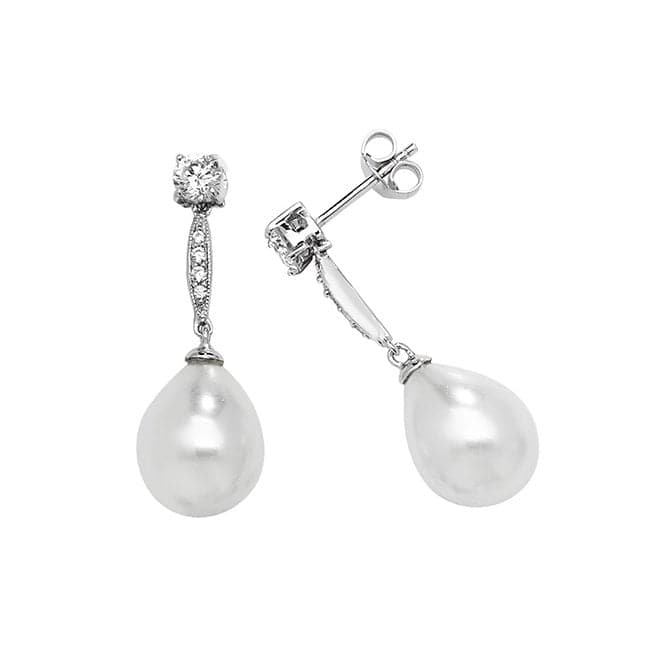 Silver Zirconia & Pearl rhodium Plated Drop Earrings G51140Acotis Silver JewelleryTH - G51140