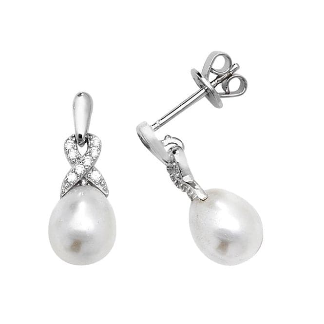 Silver Zirconia & Pearl rhodium Plated Drop Earrings G51175Acotis Silver JewelleryTH - G51175