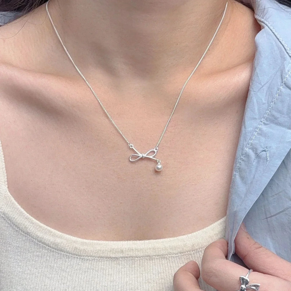 Sterling Silver Bow Freshwater Pearl Necklace