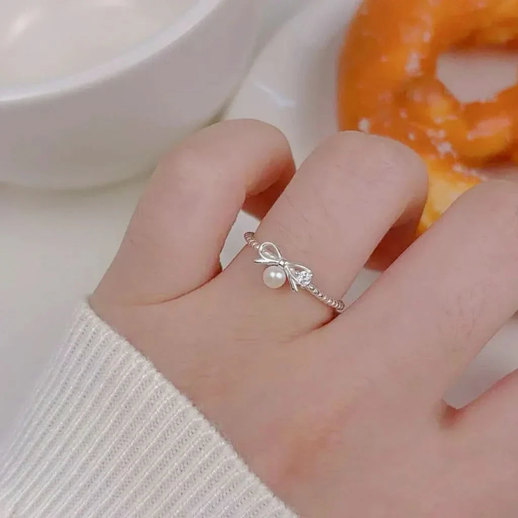 Sterling Silver Bow Freshwater Pearl Ring 🌸