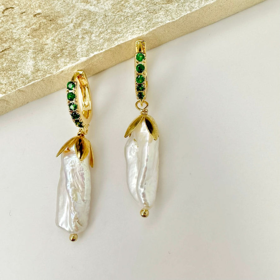 Green Diamond Huggie Baroque pearl Earrings