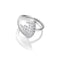 Elegant sterling silver ring adorned with sparkling white topaz stones, designed with sweeping curves, showcasing a luxurious and contemporary style.
