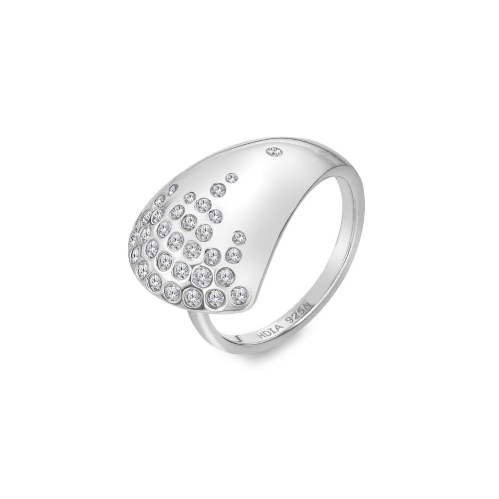Elegant sterling silver ring adorned with sparkling white topaz stones, designed with sweeping curves, showcasing a luxurious and contemporary style.