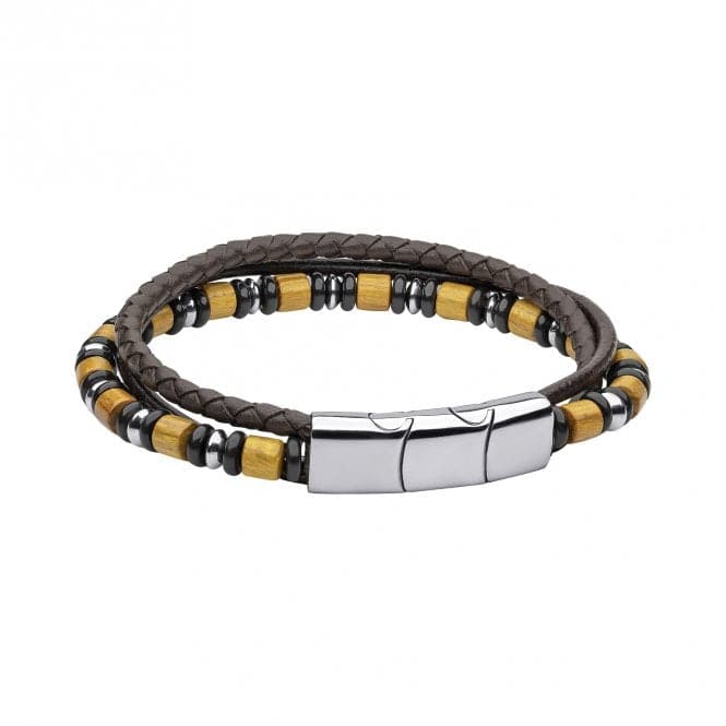 Stainless Steel Multi Layered Leather Bracelet with Wood and Black Onyx Beads Bracelet B5461Fred BennettB5461