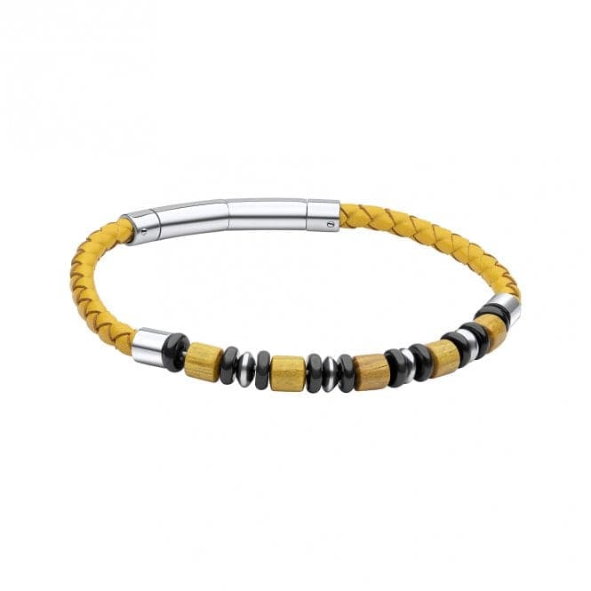 Stainless Steel Mustard Yellow Leather Bracelet With Wood and Black Onyx Beads Bracelet B5462Fred BennettB5462