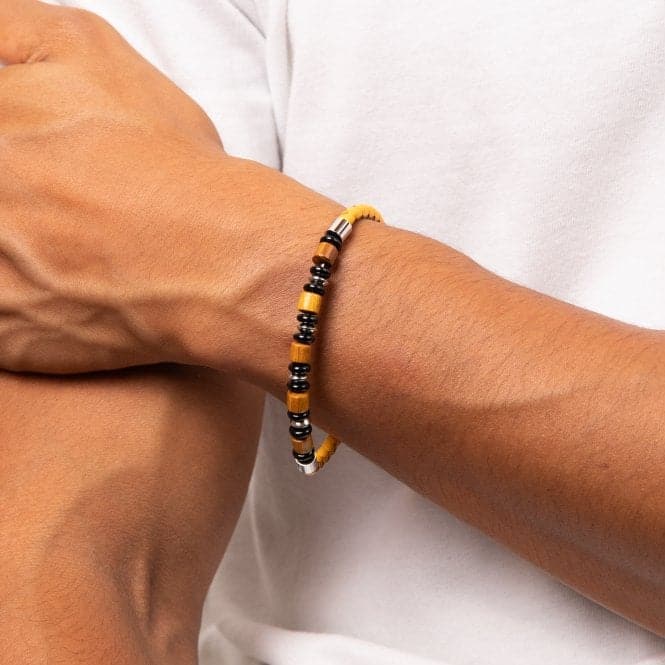 Stainless Steel Mustard Yellow Leather Bracelet With Wood and Black Onyx Beads Bracelet B5462Fred BennettB5462