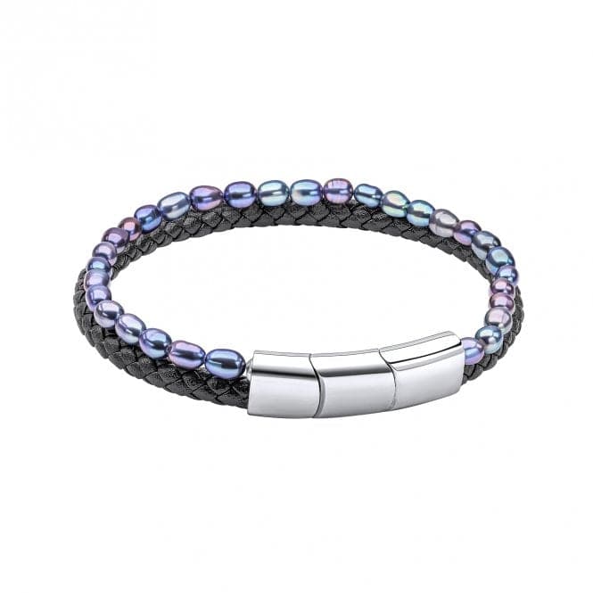 Stainless Steel Peacock Freshwater Pearl And Black Leather Bracelet B5453Fred BennettB5453