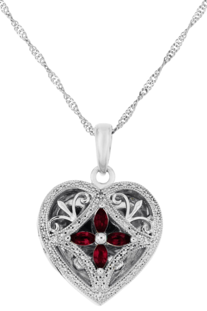 Sterling Silver Created Ruby and Diamond Heart Locket NecklaceThe Fine CollectiveBA0063399