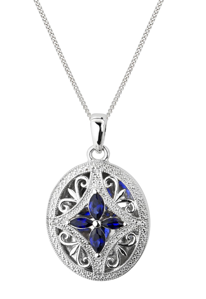 Sterling Silver Created Sapphire and Diamond Oval Locket NecklaceThe Fine CollectiveBA0063398