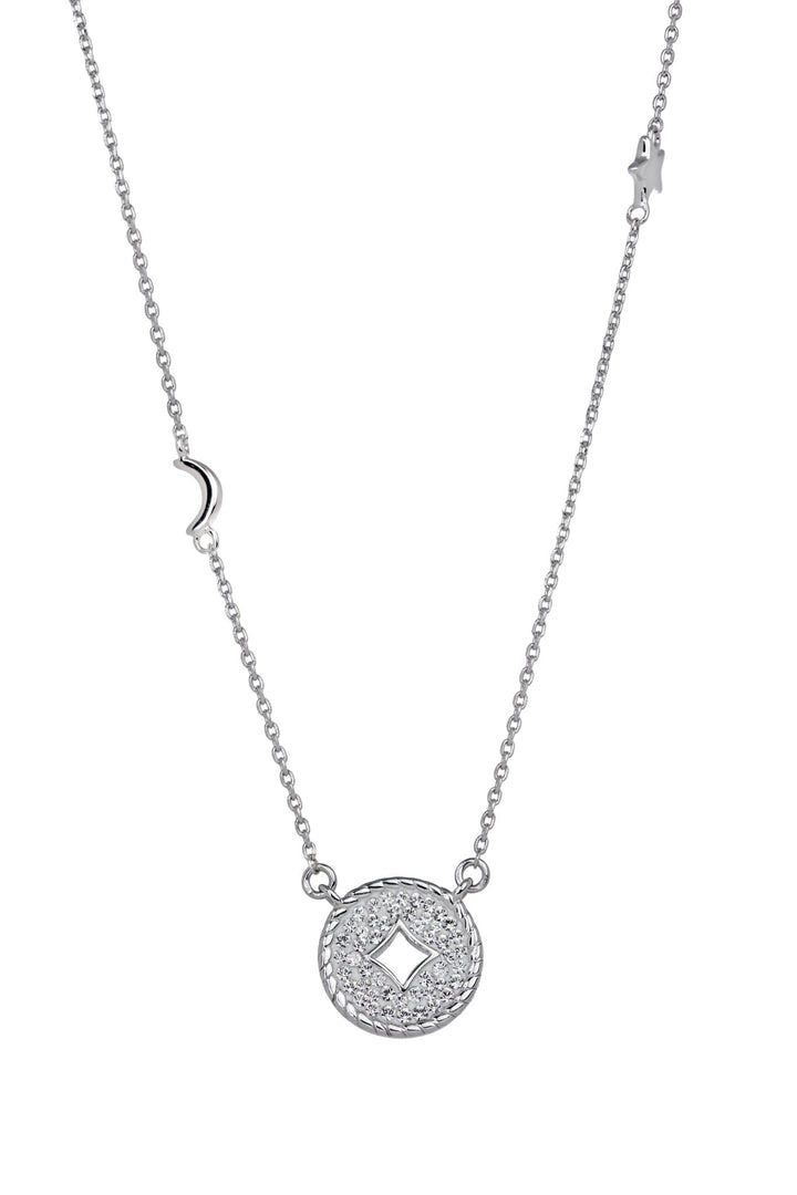 Sterling Silver Crystal Crescent Moon & Star 12mm Round NecklaceThe Fine CollectiveBA0061255