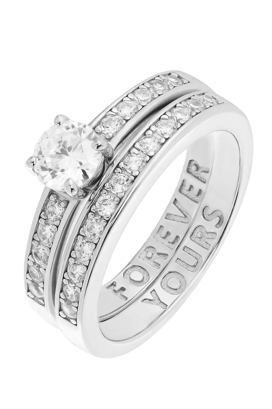 Sterling Silver Cubic Zirconia Solitaire & Eternity 'Forever Yours' Message Ring SetThe Fine CollectiveBA0029781 - L