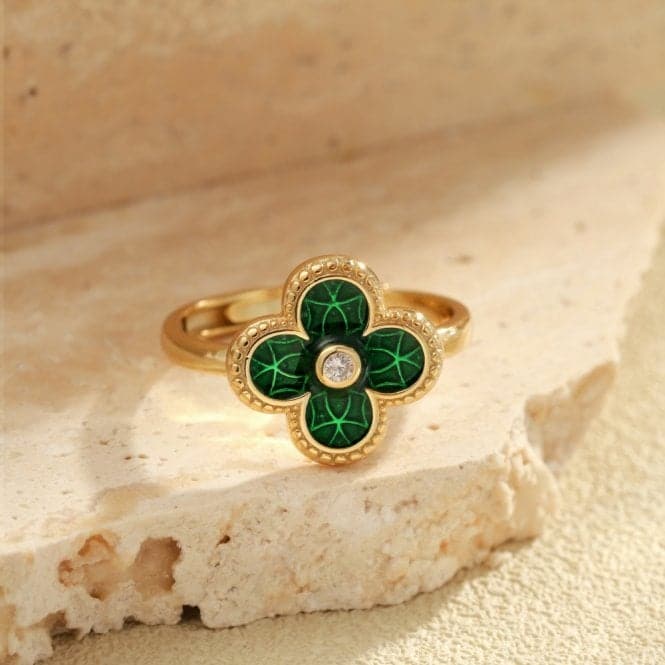 Sterling Silver Gold Plated Adjustable Green Lucky 4 Leaf Ring ERLR005Ellie Rose LondonERLR005