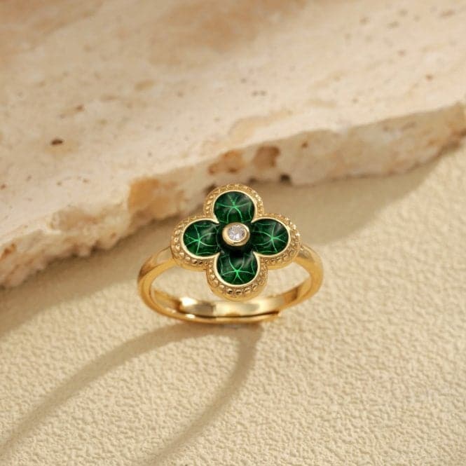 Sterling Silver Gold Plated Adjustable Green Lucky 4 Leaf Ring ERLR005Ellie Rose LondonERLR005