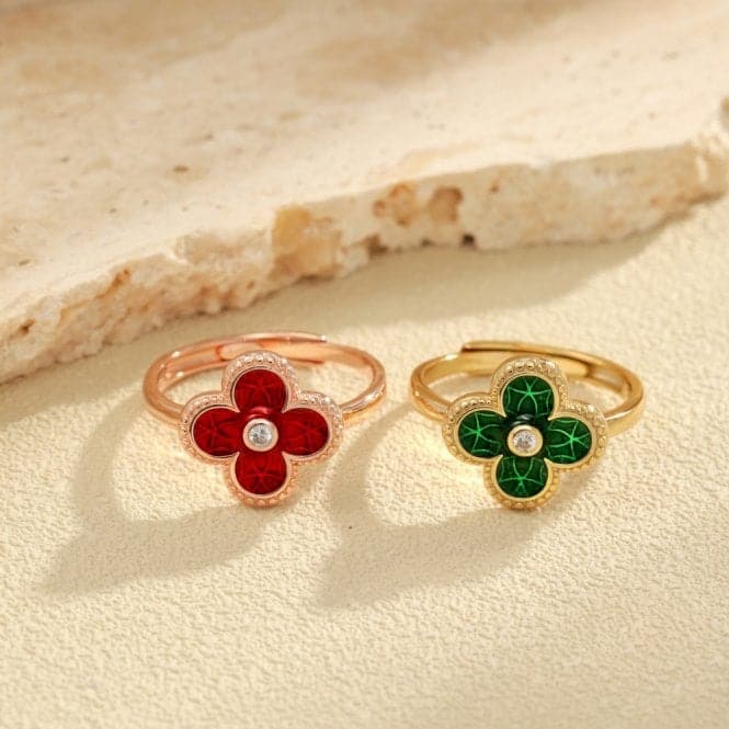 Sterling Silver Gold Plated Adjustable Green Lucky 4 Leaf Ring ERLR005Ellie Rose LondonERLR005