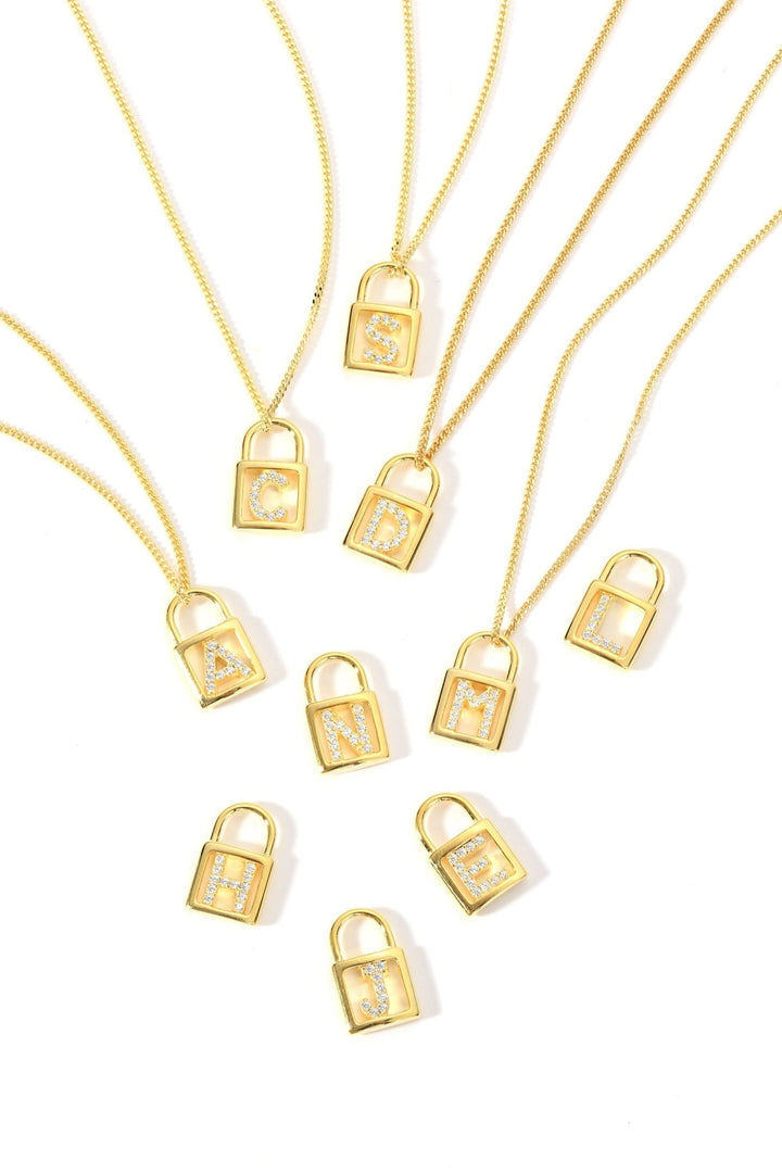 Sterling Silver Gold Plated Cubic Zirconia Padlock Initial PendantThe Fine Collective55183711404413