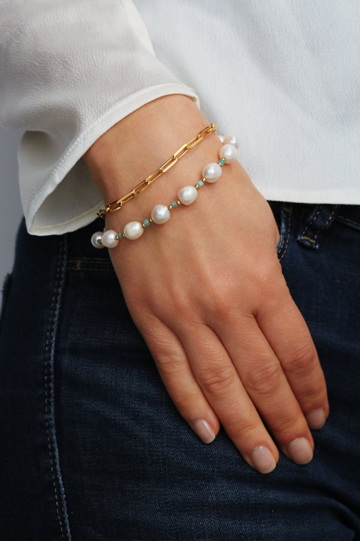 Sterling Silver Gold Plated Freshwater Pearl & Amazonite Bead BraceletThe Fine CollectiveBA0072880