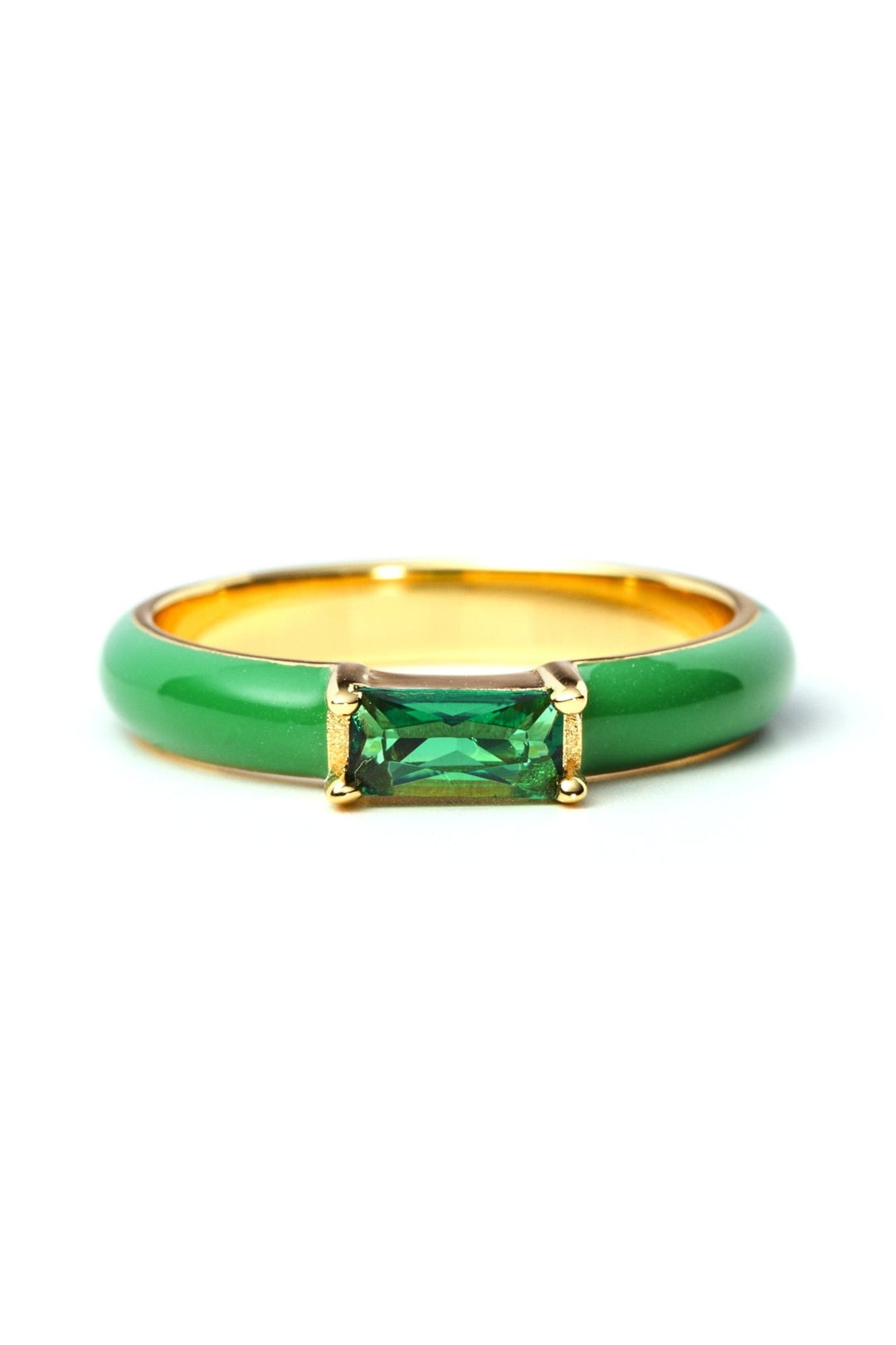 Sterling Silver Gold Plated Green Enamel & Cubic Zirconia Stacker RingThe Fine CollectiveBA0073421 - N