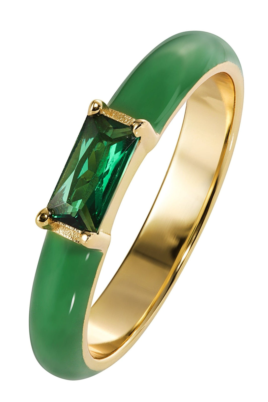 Sterling Silver Gold Plated Green Enamel & Cubic Zirconia Stacker RingThe Fine CollectiveBA0073421 - N