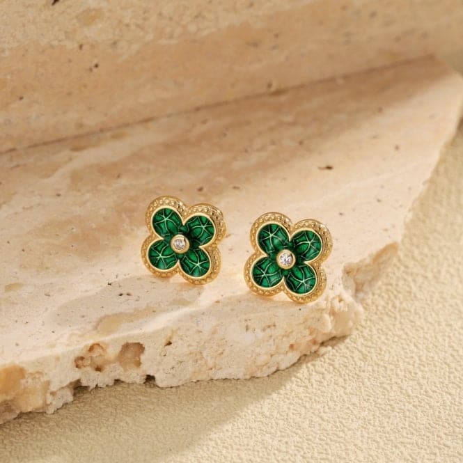 Sterling Silver Gold Plated Green Lucky 4 Leaf Earrings ERLE078Ellie Rose LondonERLE078