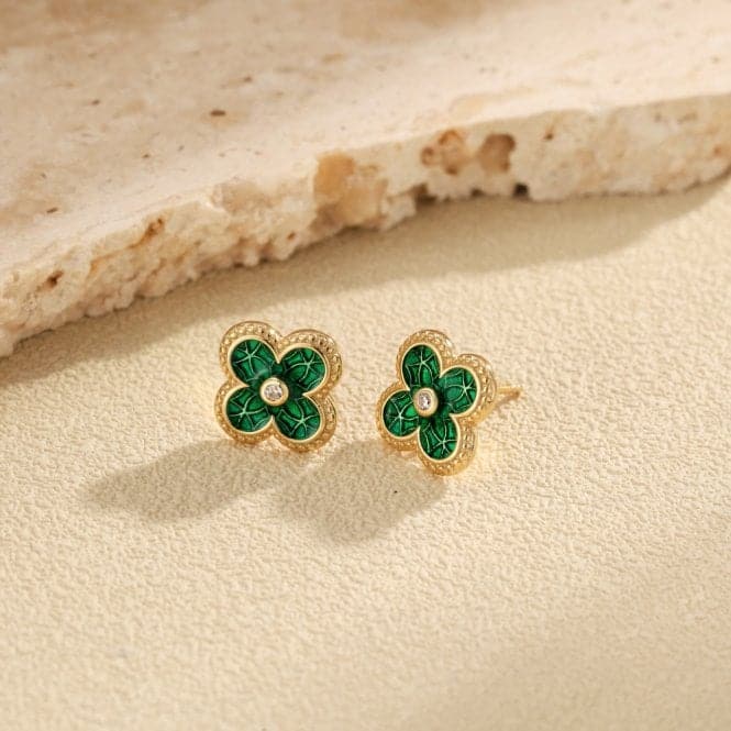 Sterling Silver Gold Plated Green Lucky 4 Leaf Earrings ERLE078Ellie Rose LondonERLE078