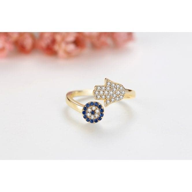 Sterling Silver Gold Sparkling Zirconia Adjustable Hand Of Fatima Ring ERLR015Ellie Rose LondonERLR015