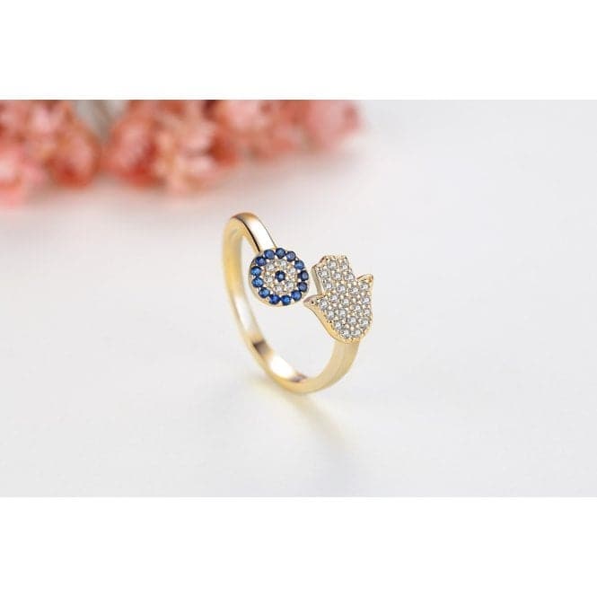 Sterling Silver Gold Sparkling Zirconia Adjustable Hand Of Fatima Ring ERLR015Ellie Rose LondonERLR015