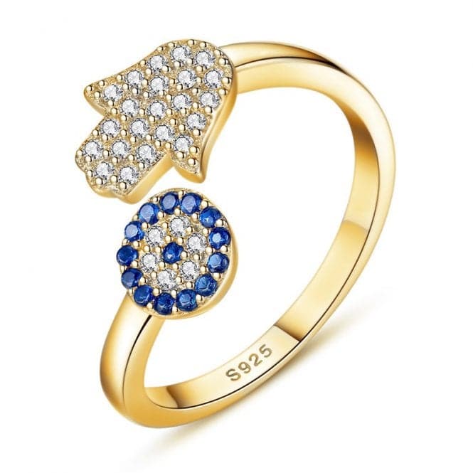Sterling Silver Gold Sparkling Zirconia Adjustable Hand Of Fatima Ring ERLR015Ellie Rose LondonERLR015